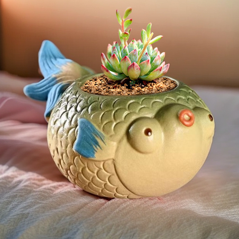 New Cartoon Big-Tailed Fish Succulent Flower Pot Ceramic Household Special Breathable Clay Coarse Pottery Root Control Pot Wholesale Clearance