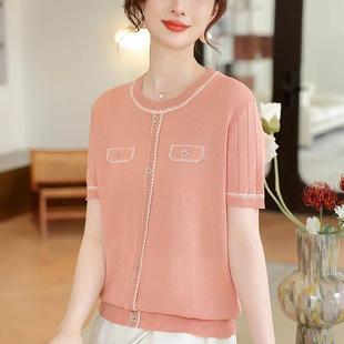 Elegant Round Neck Summer Outfit for Moms, Fashionable Solid Color Short-Sleeve Knit Top, Middle-Aged and Elderly Spring/Summer Style, Chanel-Inspired Thin Top