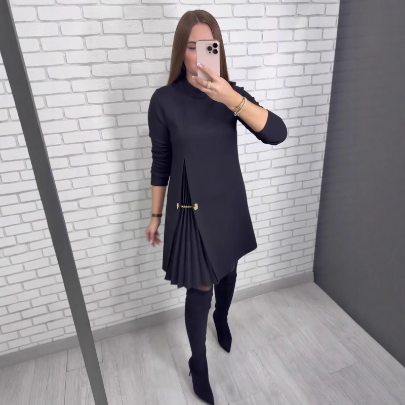 Amazon Foreign Trade Women's Clothing 2026 Spring New Black Long-Sleeve Dress with Ruched Hem and Elegant Design Amazon Foreign Trade Women's Clothing 2026 Spring New Black Long-Sleeve Dress with Ruched Hem and Elegant Design
