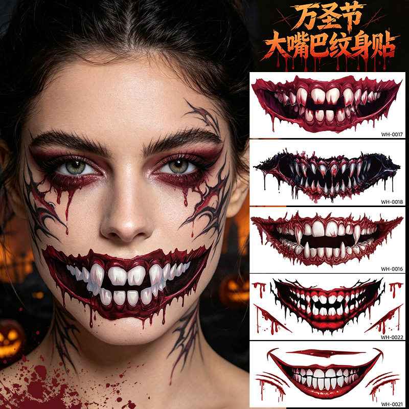 Cross-Border Halloween Horror Mouth Tattoo Stickers Waterproof Long-Lasting Party Makeup Stickers Cosplay Disposable Face Stickers Customization