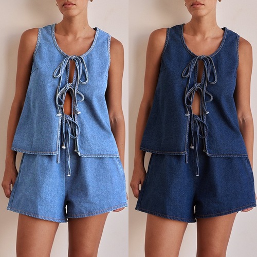 Independent station cross-border European and American style summer fashion casual sleeveless lace-up high waist women's vest denim suit shorts