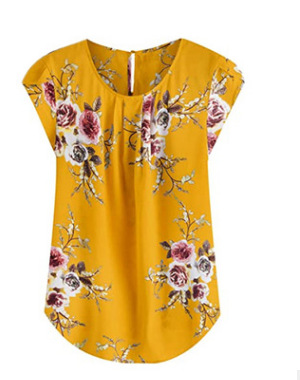 Cross-border 2025 camisa de cuello redondo casual de mujer flor de pliegue delgada venta rápida TONGWISH impresión camisa de manga corta image 9