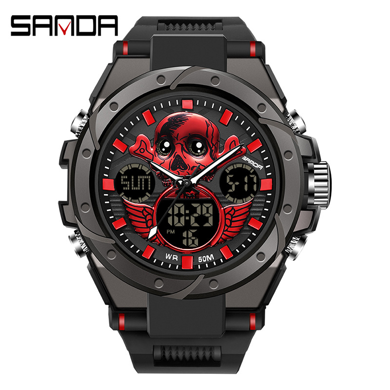 Sanda 6087 reloj electrónico multifunción luminoso impermeable fresco cráneo alas hombres reloj de moda