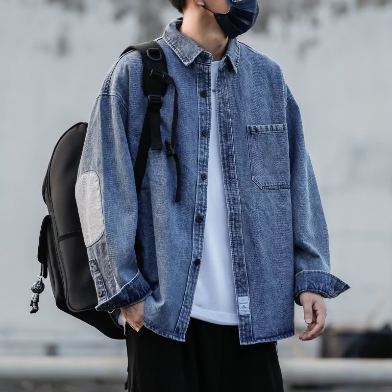 Denim Shirt Men's Spring and Autum Japanese Style Retro Off-Shoulder Loose Elbow Patch Long-Sleeved Shirt American Workwear Jacket Trendy