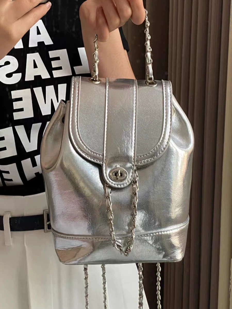 Серебряный рюкзак, дорожная сумка через плечо, стиль Chanel, Южная Корея