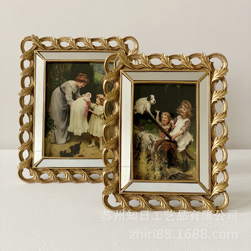 French-Style Hollow Gold Distressed Carved Picture Frame Display Stand American Retro Hanging Painting European Oil Painting Frame Combination Decorative Painting