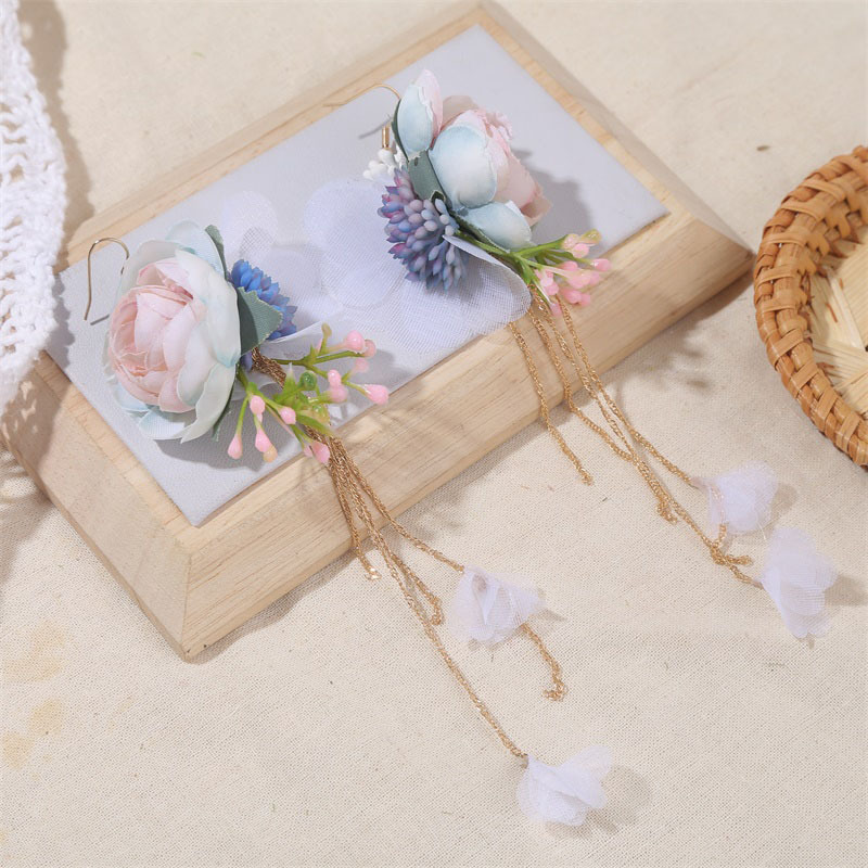Korean Simple Long Tassel Fabric Flower Earrings display picture 6