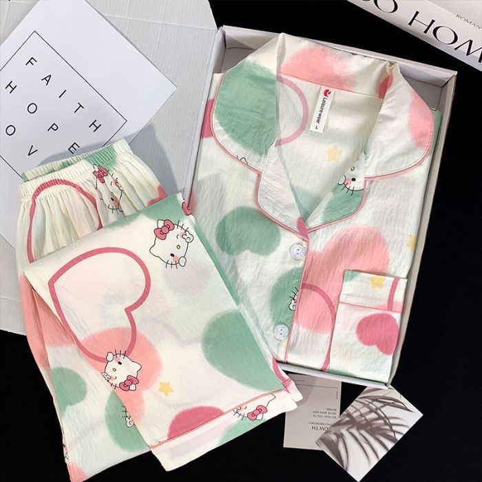 새해 클라우드 코튼 파자마 여아 스위트 스타일 카디건 옷깃 프린트 긴팔 긴바지 홈 의류 세트