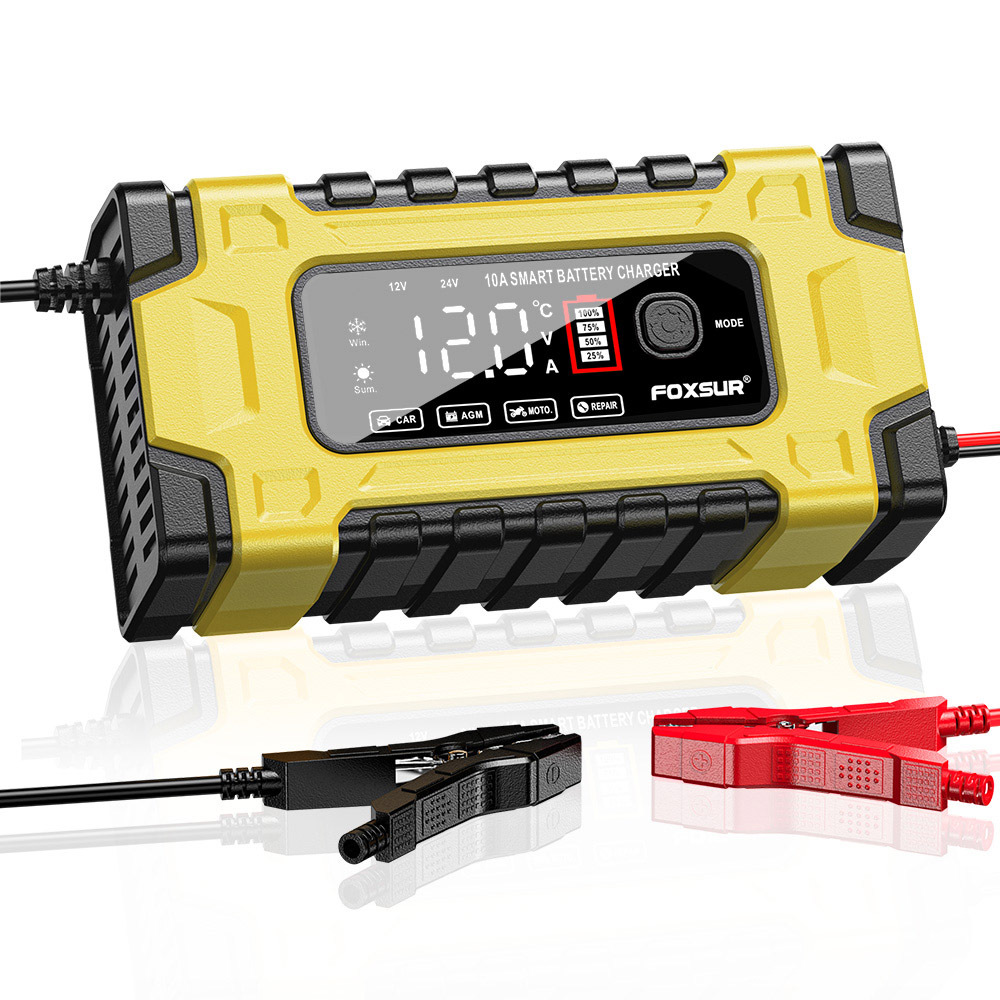 跨境大屏显示12V24V10A汽车电瓶充电器智能脉冲修复摩托车电瓶充