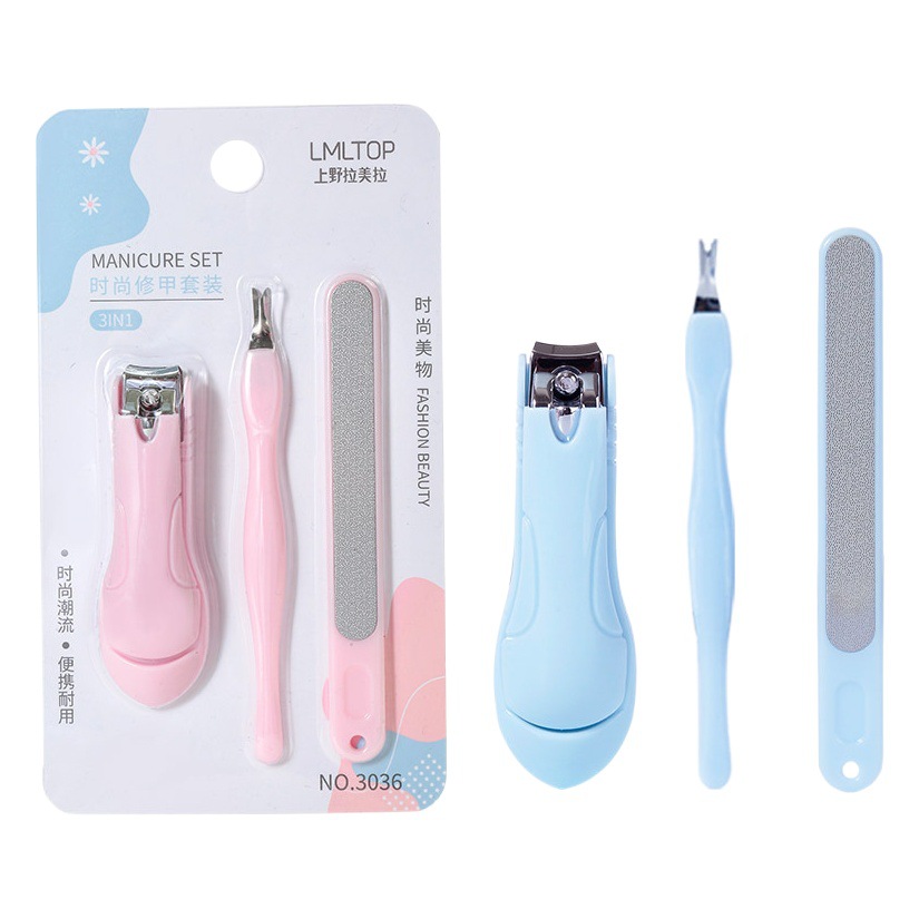 Juego de manicura LMLTOP de 3 piezas, cortaúñas de acero inoxidable, lima de uñas pulidora, tenedor de cutículas en forma de V 3036