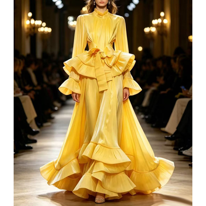 Elegant and Luxurious Skirt Suit for Women, Ruffled Bell Sleeves, Stand-Up Collar, Shiny Shirt, Long Skirt, Two-Piece Dress