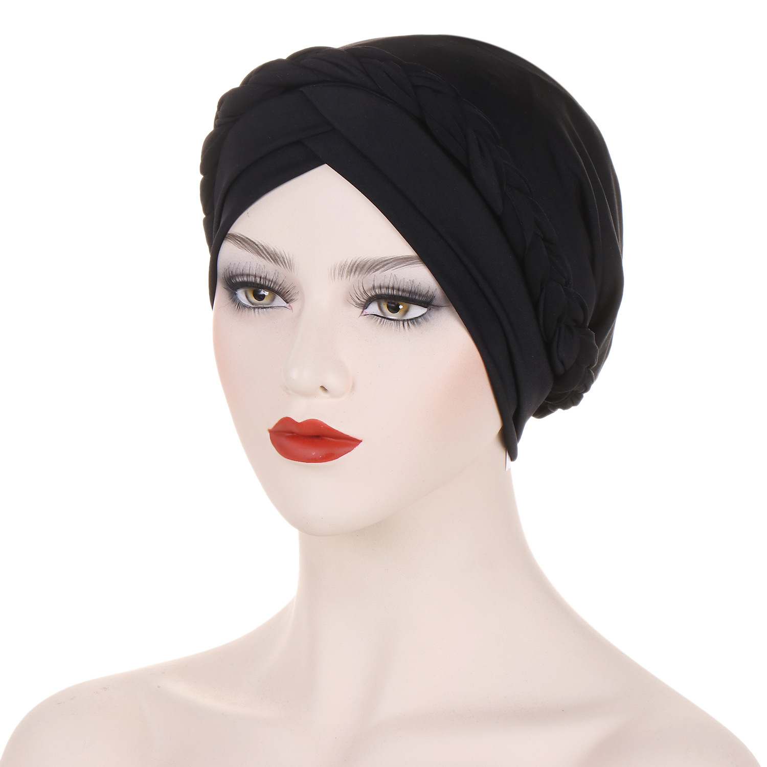 cappello turbante intrecciato foderato in raso tinta unita sulla fronte da donna doppia croce cappello pullover musulmano in stock_voghion.com