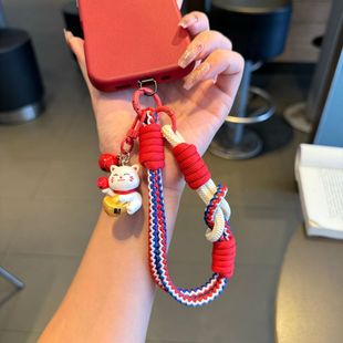 Cute Lucky Cat Double Ring Buckle Mobile Phone Lanyard Braided Hand Rope Keychain Pendant Solid Anti-fall Mobile Phone Chain