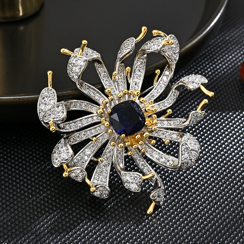 2023 new high-end sapphire high-definition female chrysanthemum flower brooch fashion pin elegant temperament corsage