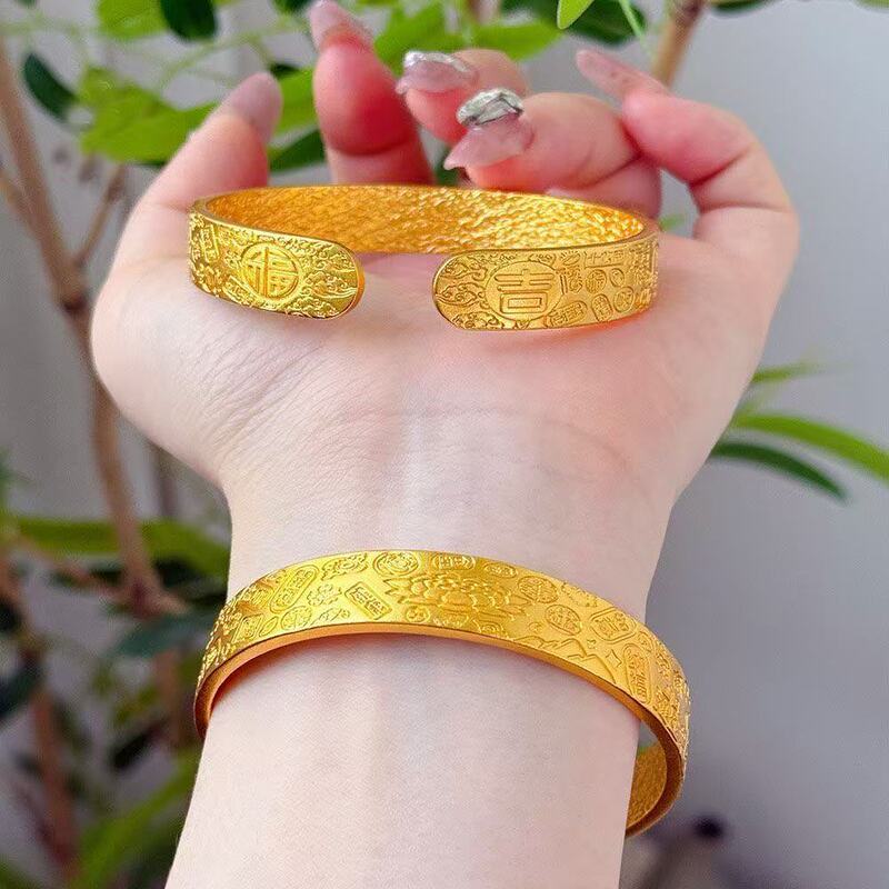Trendy Popular Imitation Vietnamese Sand Gold Glossy Open Wide Imperial Bracelet with Heritage Engraved Craftsmanship and Wear-Resistant