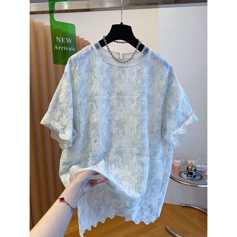[Fat Girl] Summer French High-End Lace Short-Sleeved T-Shirt for Women, Loose, Stylish, Unique and Beautiful Top