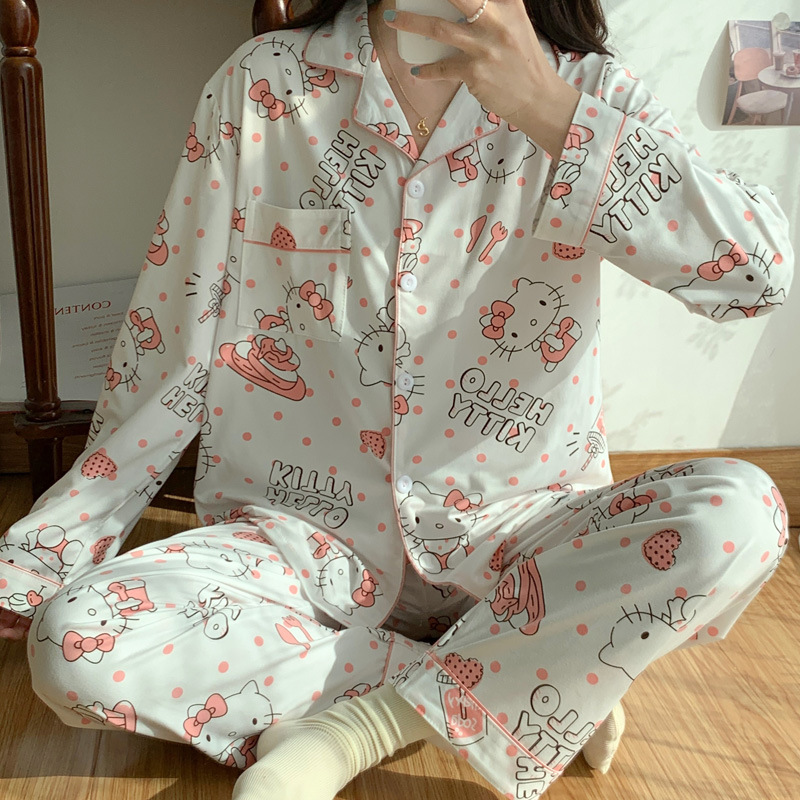 El comercio exterior de primavera y otoño pijamas algodón para las mujeres ins lindo dibujos animados solapa cardigan suelta delgada vestir prendas exteriores homewear