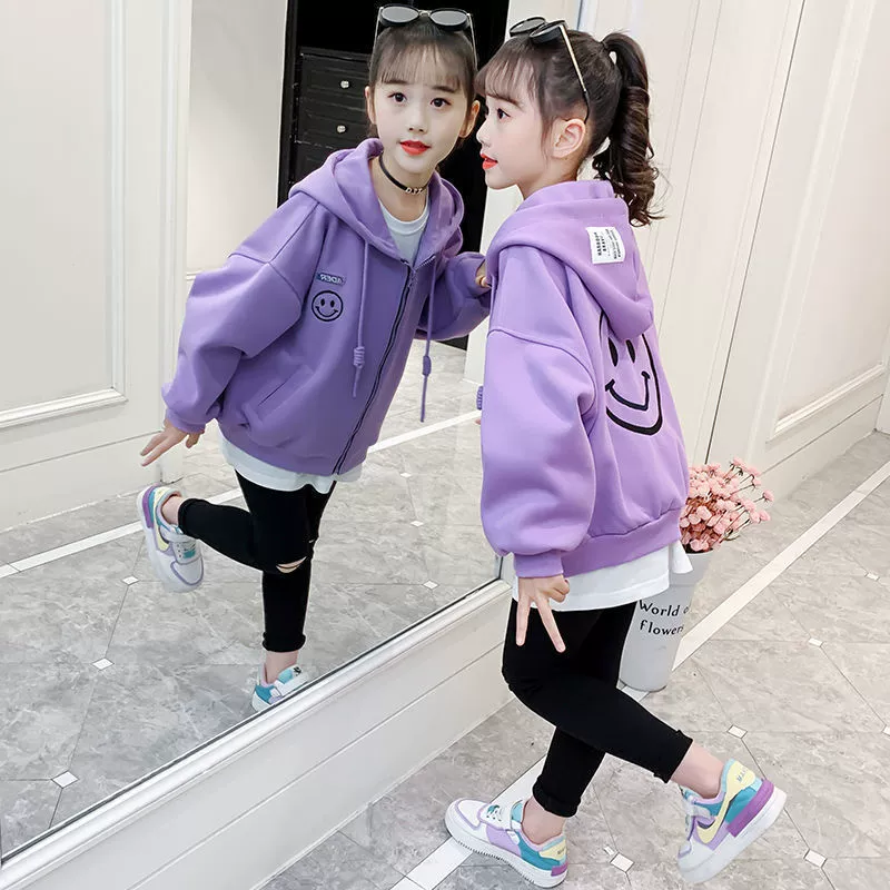 Свитер с капюшоном для девочек, весна-осень 2022, Модный стильный кардиган со смайликом для детей среднего размера, Детская Повседневная рубашка на молнии