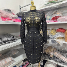 速卖通跨境电钉透视网纱性感鱼骨线紧身长袖中款礼服绷带爆款