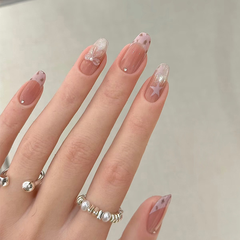 Ins Wear French Nude Powder Gradient Star Bow Medium Hot Girl Cat Eye Manicure Pieces Pre-Made Fake Nails Ins Wear French Nude Powder Gradient Star Bow Medium Hot Girl Cat Eye Manicure Pieces Pre-Made Fake Nails