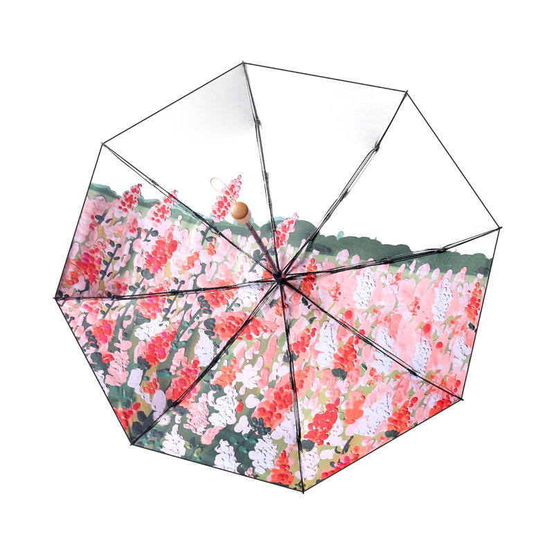 双层双花太阳伞女插画手绘风小巧便捷五折晴雨两用折叠遮阳防晒伞|undefined