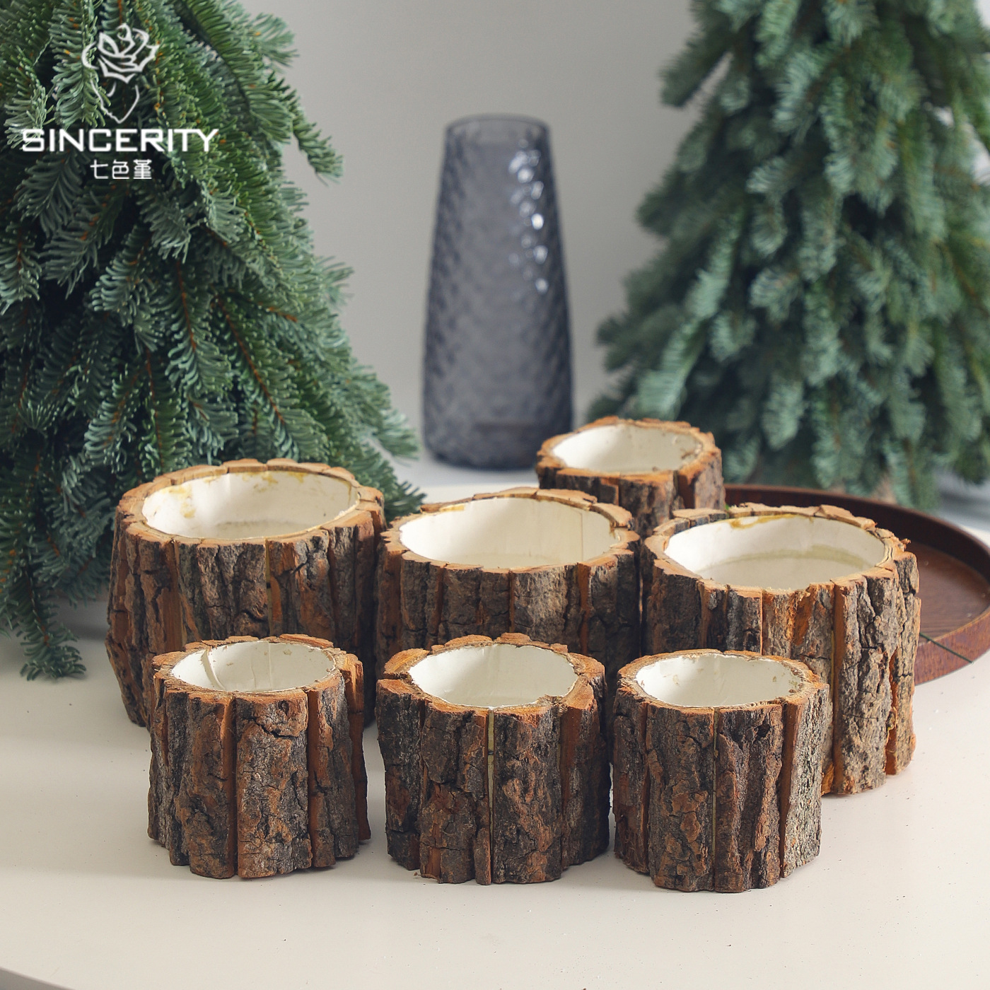 Decoración de Navidad corteza de madera barril de regalo embalaje de madera barril de regalo embalaje de decoración barril de flores