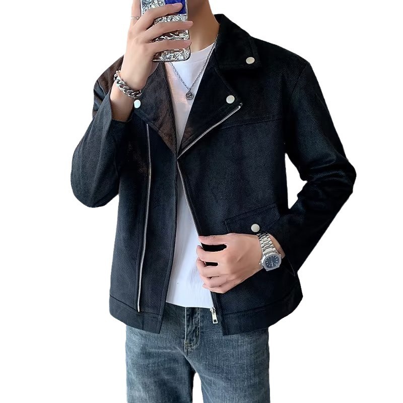 Nuevo estilo suelto, tendencia de personalidad, chaqueta corta de motocicleta, versión coreana para hombres, chaqueta blanca con cremallera de solapa de manga larga para hombres