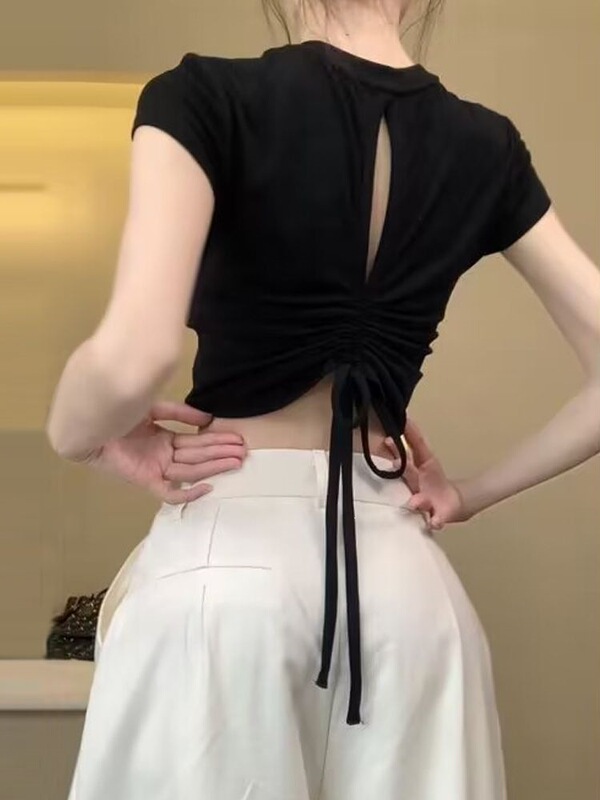 Black Backless Drawstring Short-Sleeve T-Shirt for Women, Summer Design, Niche Style, Slim Fit, Cropped Top