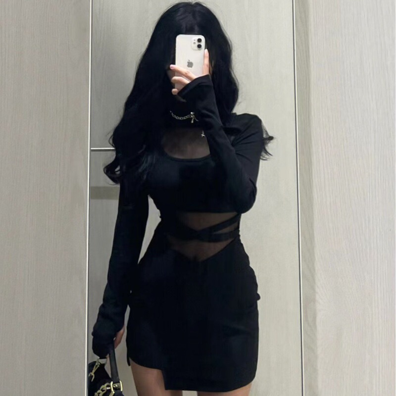 French Chic Mesh Splicing Pure Lust Dress Women's Autumn and Winter New Sexy Waist Slimming Look Hip Short Skirt
