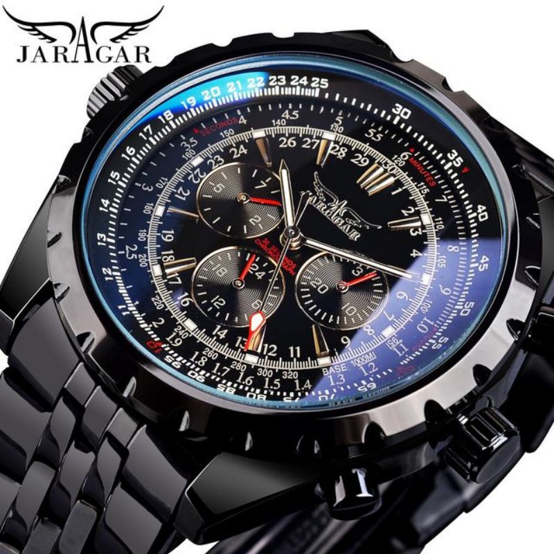 Moda jaragar hombres europeos y americanos negro casual hueco multifunción gran dial automático reloj de pulsera mecánico