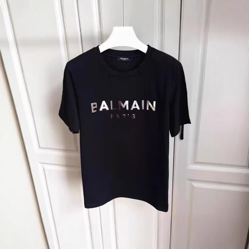 Unisex 2025 Spring/Summer New Balmain T-Shirt Short-Sleeved Sequined Colorful Letter Balmain