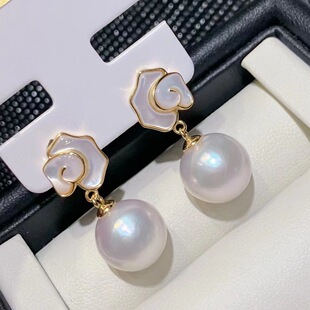 Freshwater round Edison pearl earrings 11-12mm natural mother-of-pearl earrings fashion earrings S925 silver