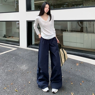 美式复古工装裤女2026春夏新款藏青色高腰显瘦休闲直筒阔腿运动裤