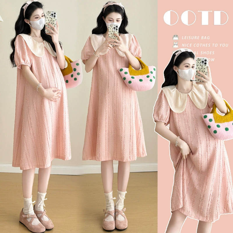 Реальный выстрел беременной женщины летом новая сладкая мода кукольный воротник текстура с уменьшением возраста короткие рукава платье летняя юбка