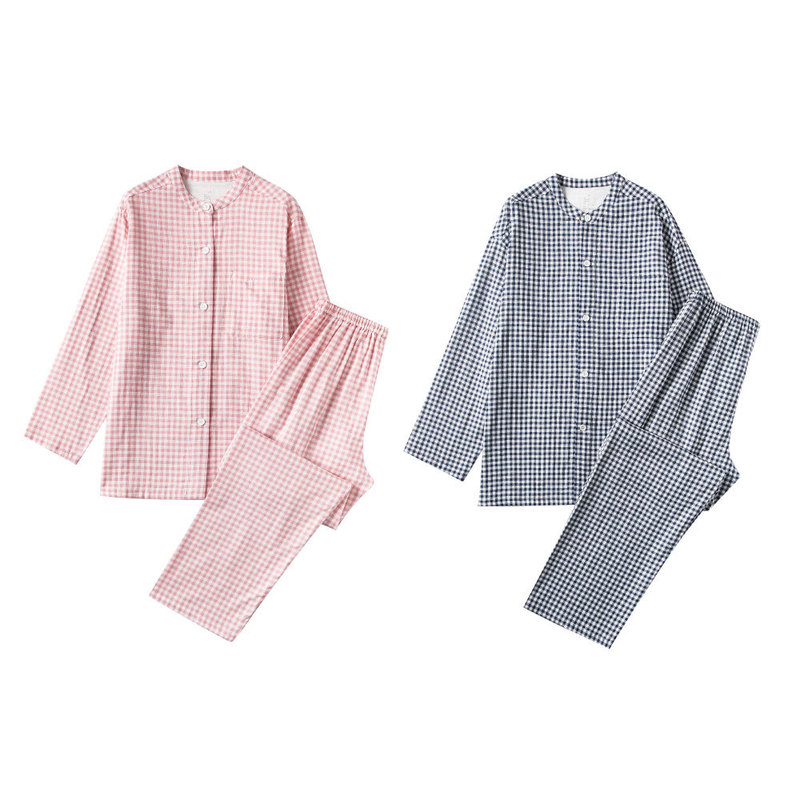 Vertical Collar Fine Double-Layer Yarn Woven Pajamas Without Side Seam Non-Printed Japanese Style New Style Couple's Home Suit for Spring and Summer