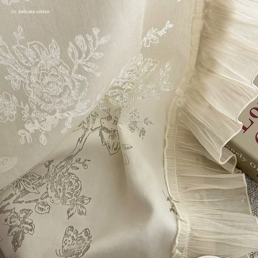 Original Cotton Bottom Butterfly Gauze French Romantic Cream Style White Gauze Curtain Light-Impermeable Bay Window Balcony Window Screen