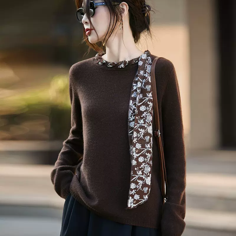 2025秋冬新款时尚百搭100%羊毛衫女高级感花色丝带宽松显瘦针织衫