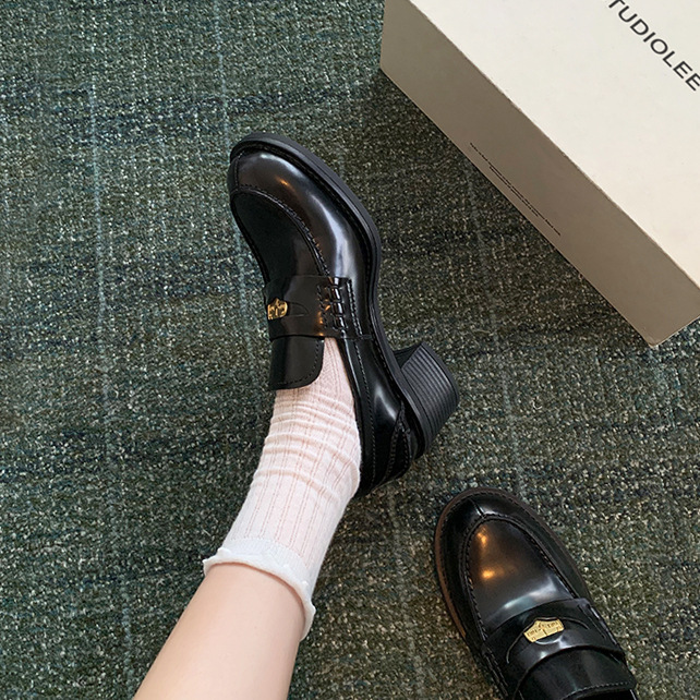 Sheepskin version ~ genuine leather British style small gold coin one pedal thick heel thick bottom loafers women's high heel shoes small leather shoes