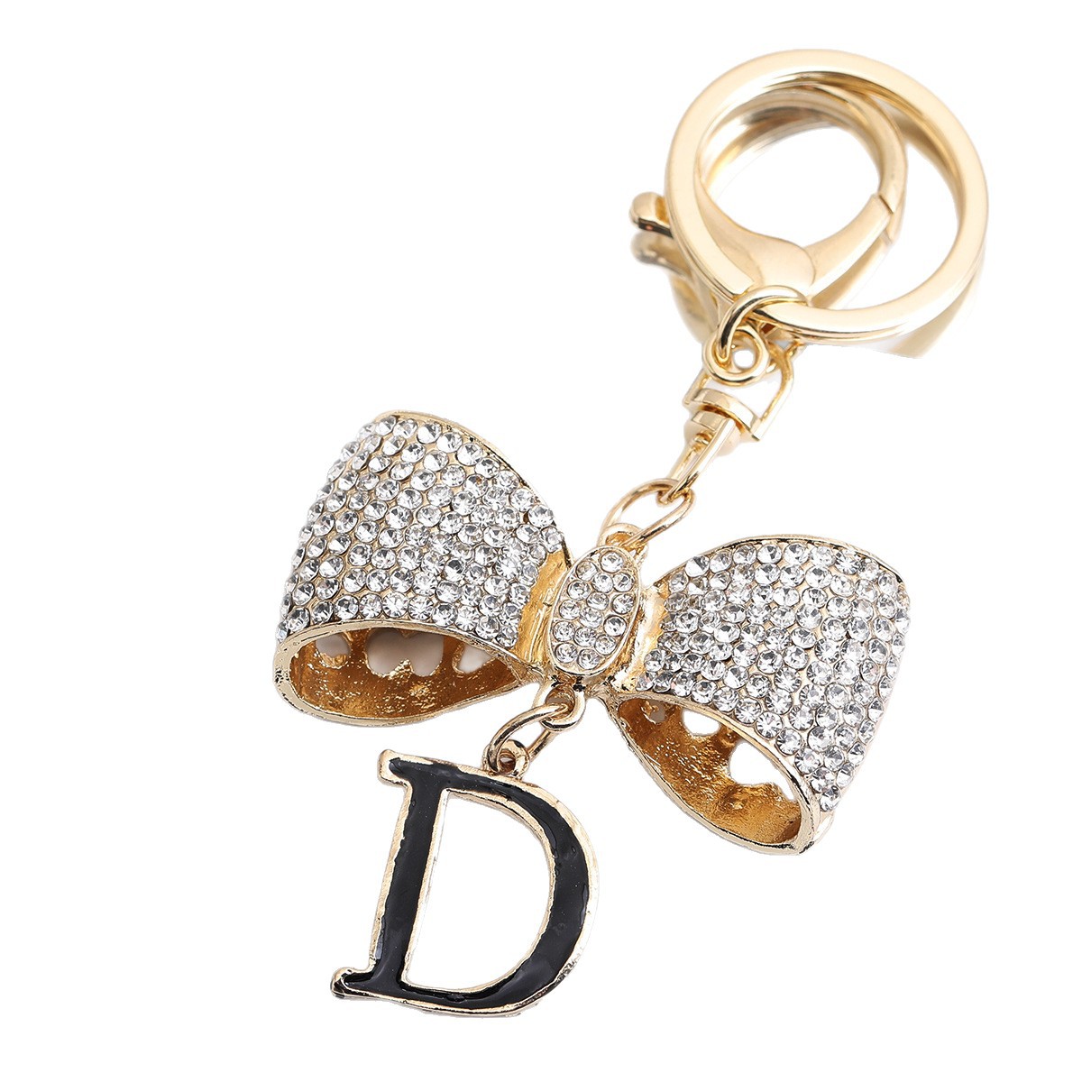 Lyxig vintage d-bokstav nyckelring med diamantrosett_voghion.com