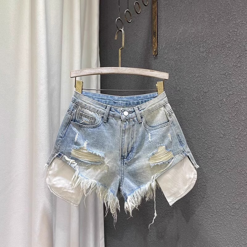 2025 New Summer Style Slim-Fitting High-Waisted Light-Colored Ripped Design Sexy Denim Shorts Women's A-Line Wide-Leg Hot Pants