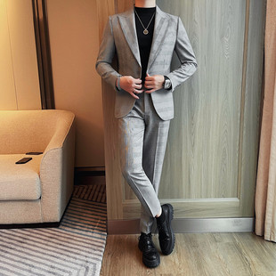 Men's Slim Fit Groom Wedding Suit Korean Style Casual Plaid Suit Business Commuting Men's Suit Two-Piece Set