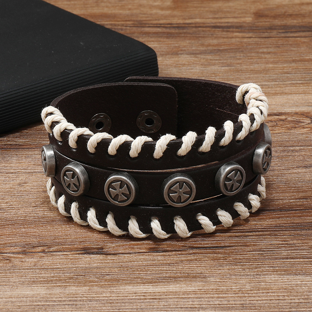 Pu Leather, Alloy Material Retro Color Block Pu Leather Alloy Knitting Men's Bangle Men Cord & Leather Bracelets