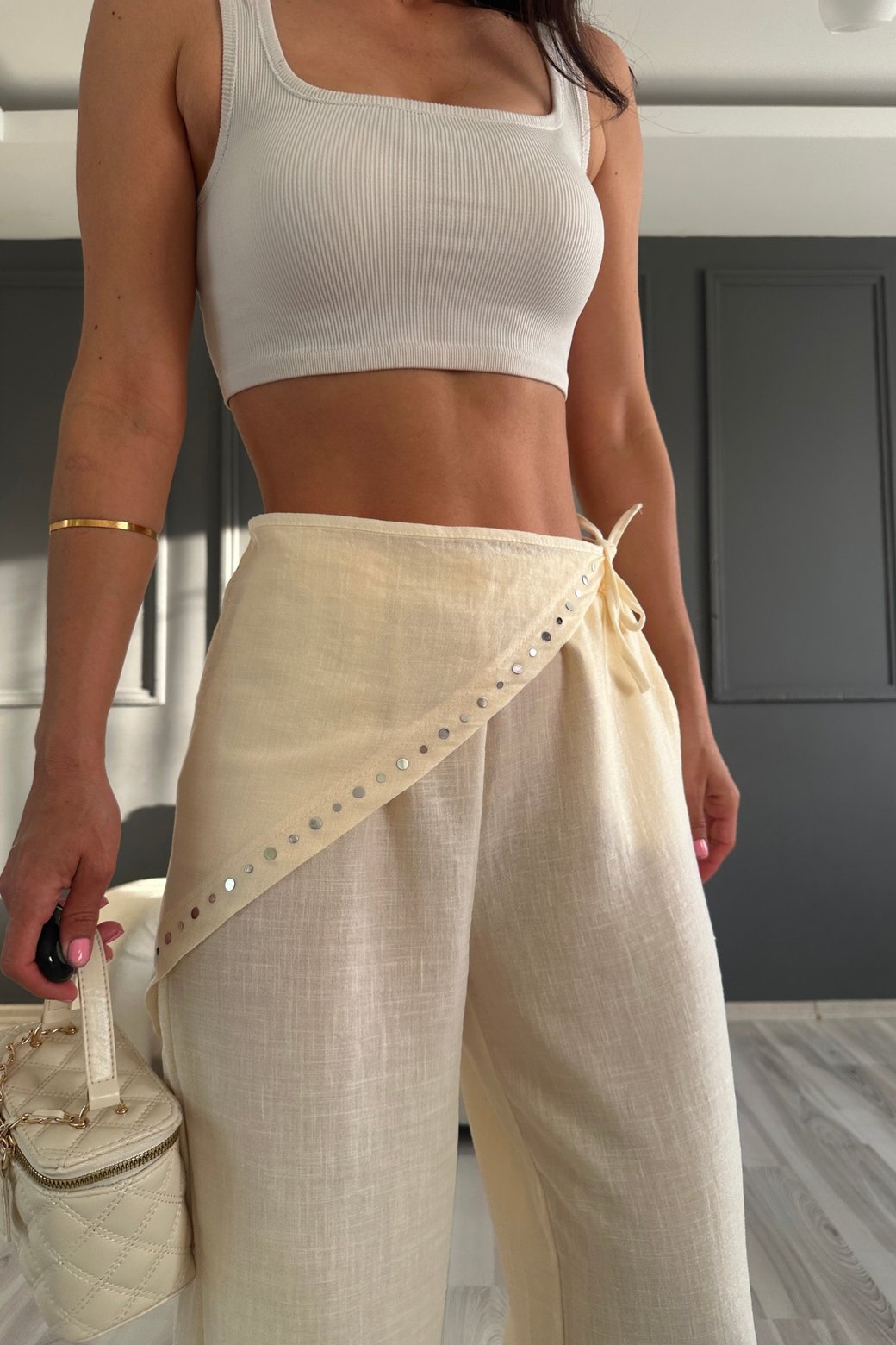 Women's High-Waisted Wide-Leg Linen-Look Pants With Rhinestone Detail | Loose Fit Summer Casual Trousers_ecoleips.com