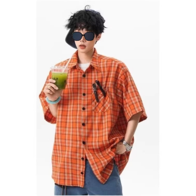 American Retro Orange Plaid Short-Sleeved Shirt for Men and Women, New Summer Style Loose Casual Cityboy Japanese Style Shirt American Retro Orange Plaid Short-Sleeved Shirt for Men and Women, New Summer Style Loose Casual Cityboy Japanese Style Shirt