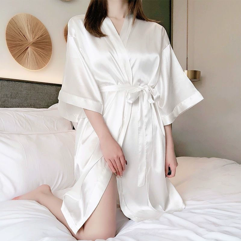 Silk sexy bathrobe, thin pijama, mid-length