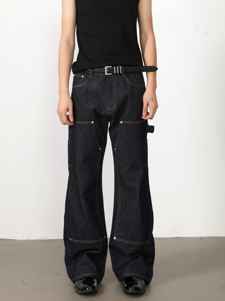 Quần jean nam ống loe nhẹ dáng chữ A phong cách đường phố, cạp vừa, dài — Xanh denim