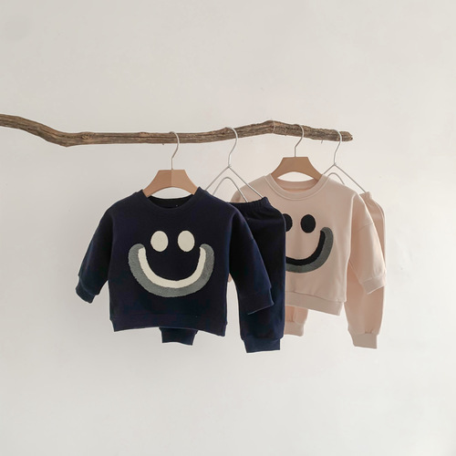 ins Korean style baby suit spring and autumn cartoon male and female baby fashion smiling face rainbow long-sleeved sweatshirt and trousers