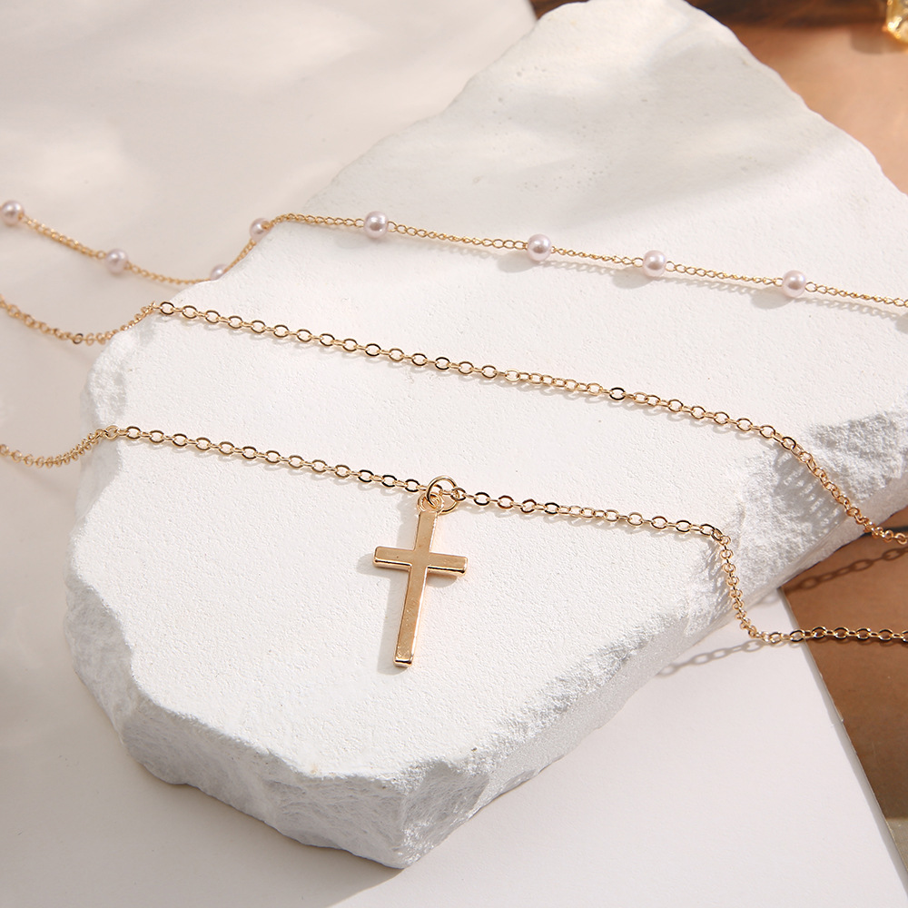 Multilayer Stacked Necklace With Pearl Cross Pendant Retro Style_voghion.com