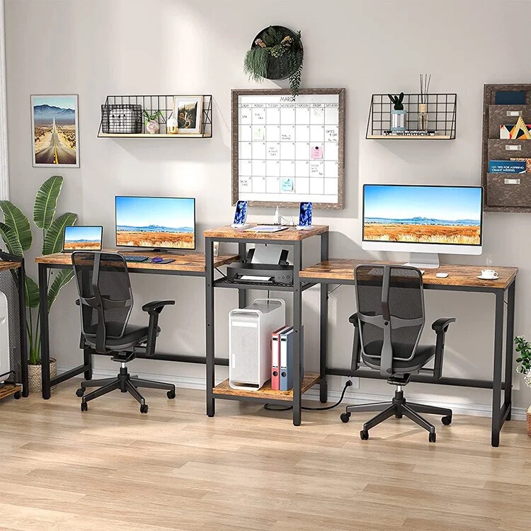 Factory direct sale extra-long double-person office desk for home office with printer partition, double-person computer desk Factory direct sale extra-long double-person office desk for home office with printer partition, double-person computer desk