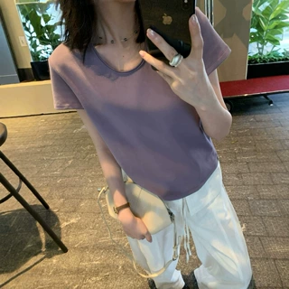 早秋新经典纯色圆领基础百搭T恤衫女韩系时尚卷边设计打底衫上衣